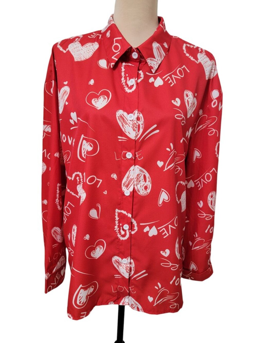 SHEIN Size XL Red with White "Love Doodles" Button Down Shirt